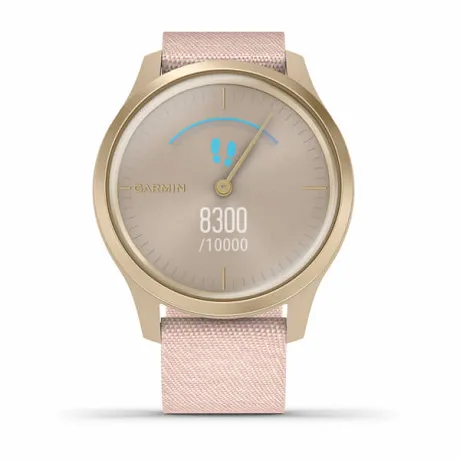 Гибридные смарт-часы Garmin VIVOMOVE STYLE светло-золотистый с плетеным нейлоновым розовым ремешком - Фото 3