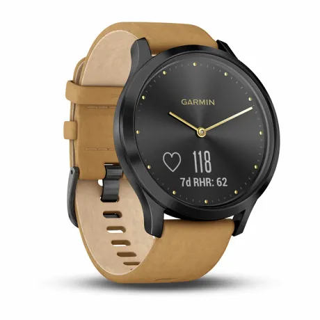 Часы Garmin VIVOMOVE HR черный оникс с светло-коричневым кожаным ремешком - Фото 8